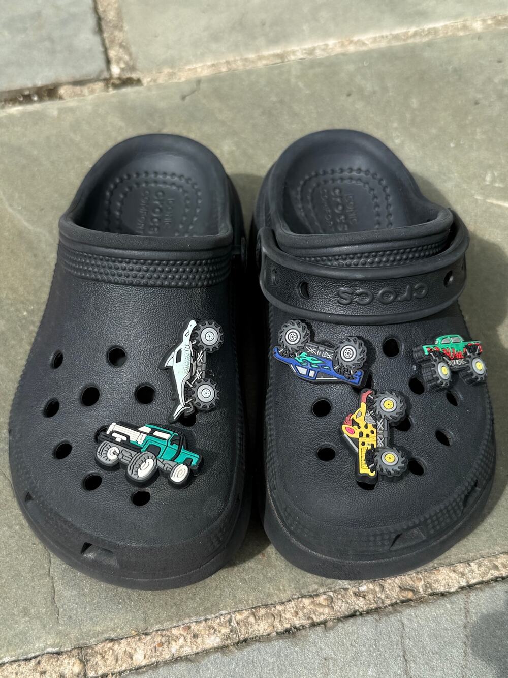 Crocs Classic Clog — Black + 6 Monster Truck Jibbitz